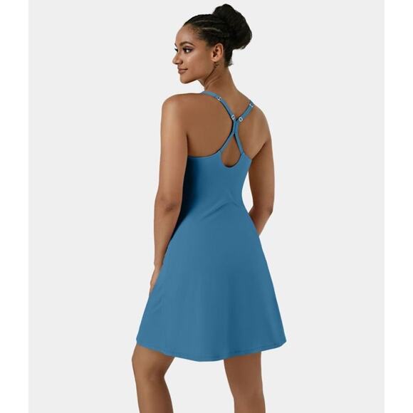 Halara Crossover Backless Mini Dress Blue with Built-In Shorts Size Small NEW - Picture 1 of 8